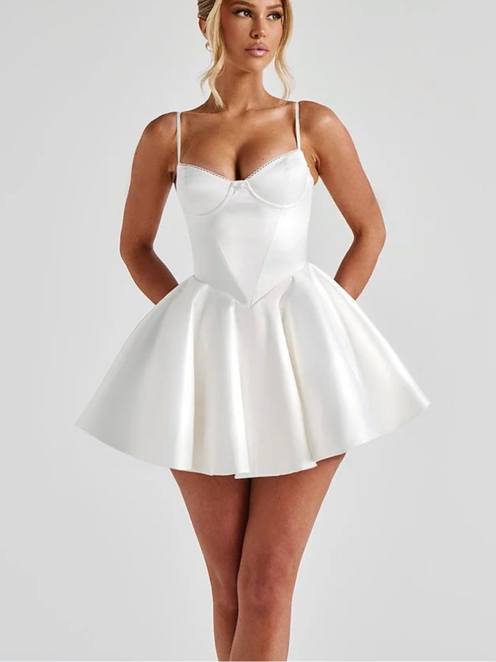 White Satin Mini Dress with Fitted Corset Bodice